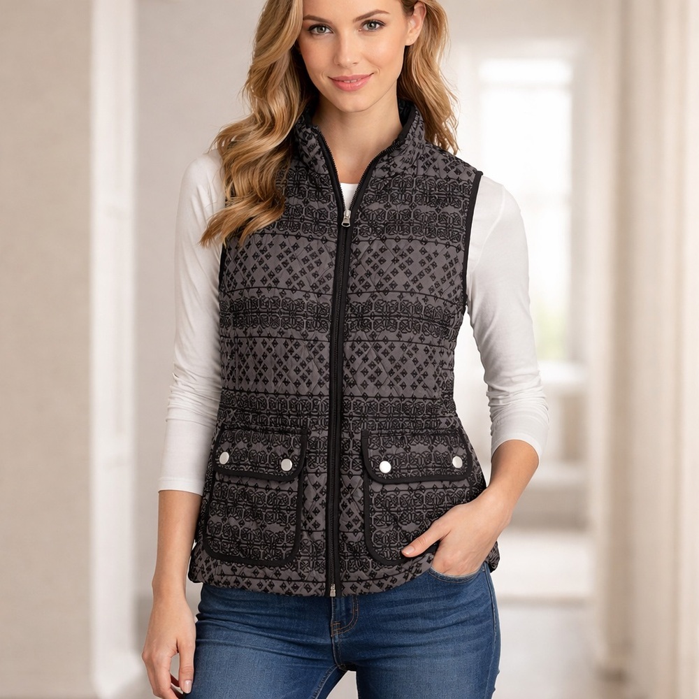 Croft &. Barrow Purple and Black Quilted Patterned Stand-Collar Vest Size PM